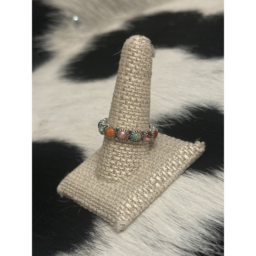 Native American Sterling Silver Orange Spiny Pink Multistone Eternity Ring - Picture 9 of 13